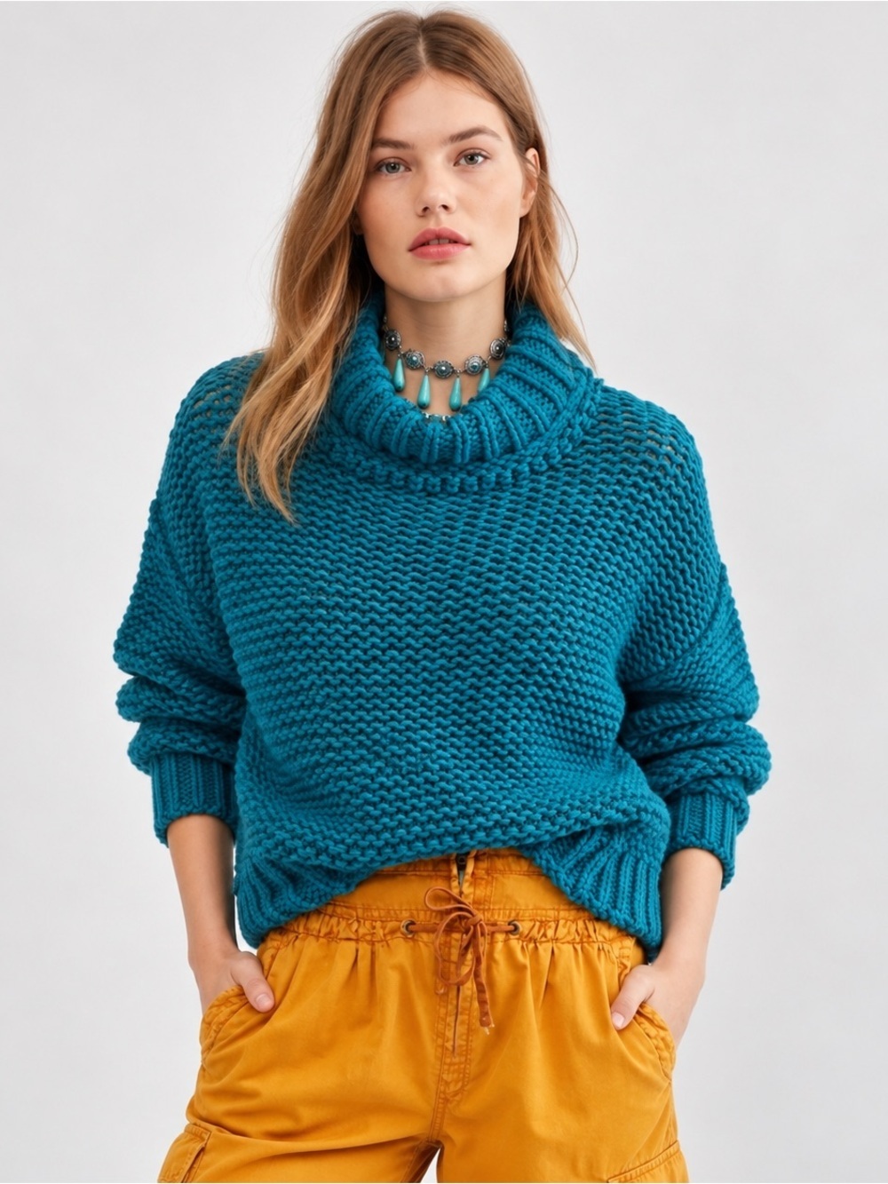 Free People My Only Sunshine Turquoise Chunky Cowl Neck Sweater Small